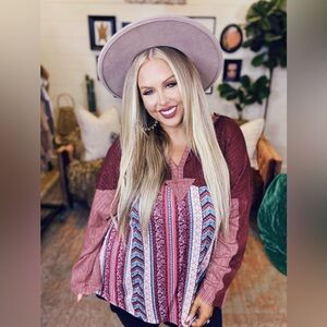 Print & Rib Knit Mixed Top with Raw Edge Detail